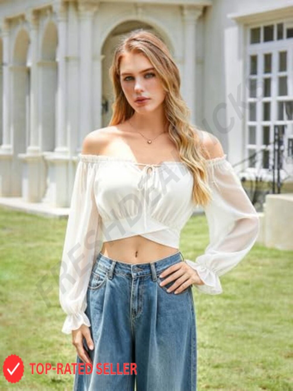Off Shoulder Crop Top Long Sleeve Blouse Ruffled Cuff Renaissance - Picture 4 of 6